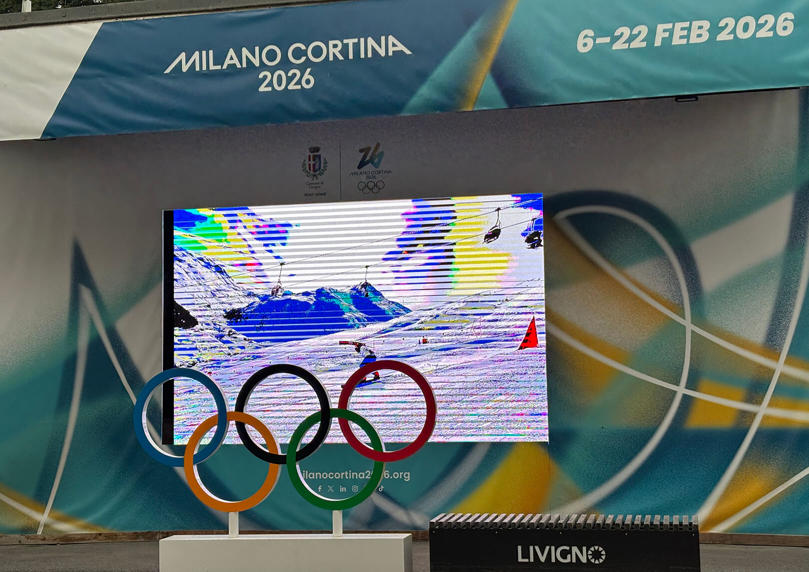 De Olympische ringen in Livigno om de komende Spelen alvast aan te kondigen